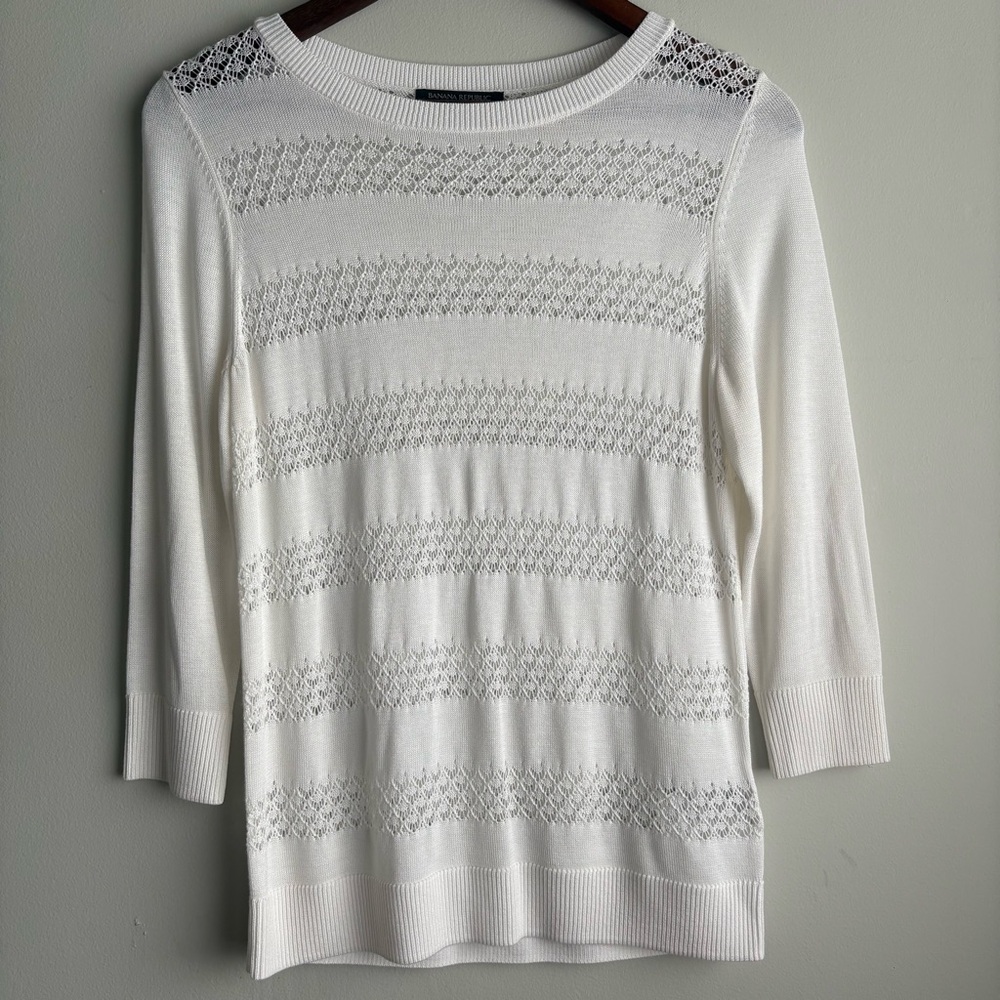 Banana Republic Lace Pointelle Knit Spring Sweater Petite‎ Small Ivory